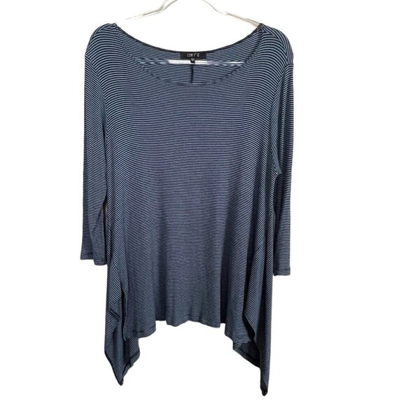 Comfy USA Tops - Comfy USA 3/4 Sleeve Lagenlook‎ Asymmetrical Hem Tunic M Blue Black Striped